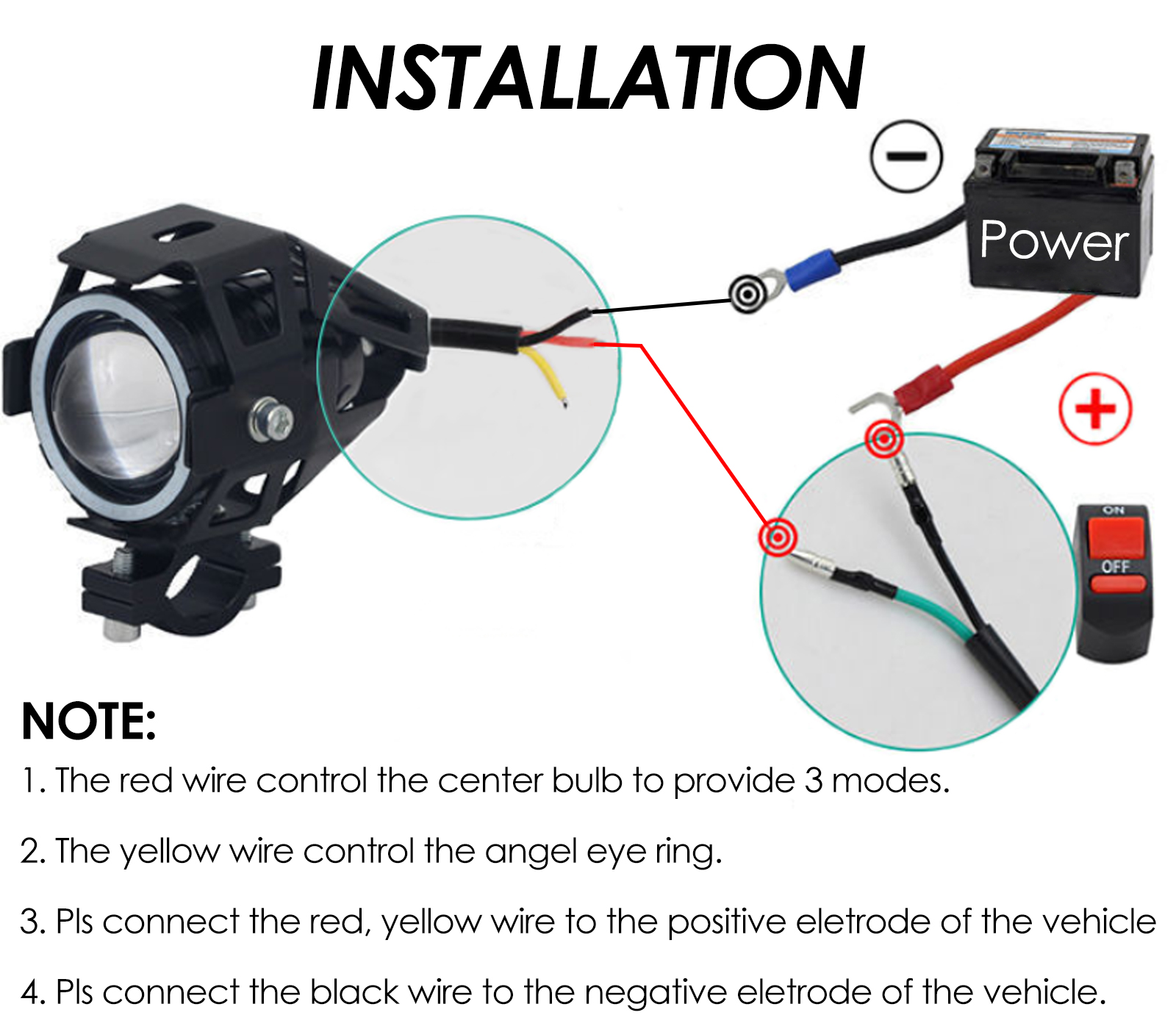 Motorcycle Headlights Universal Waterproof Fog Lights with 12V LED Light Bulbs Angel Eyes Rings Swit