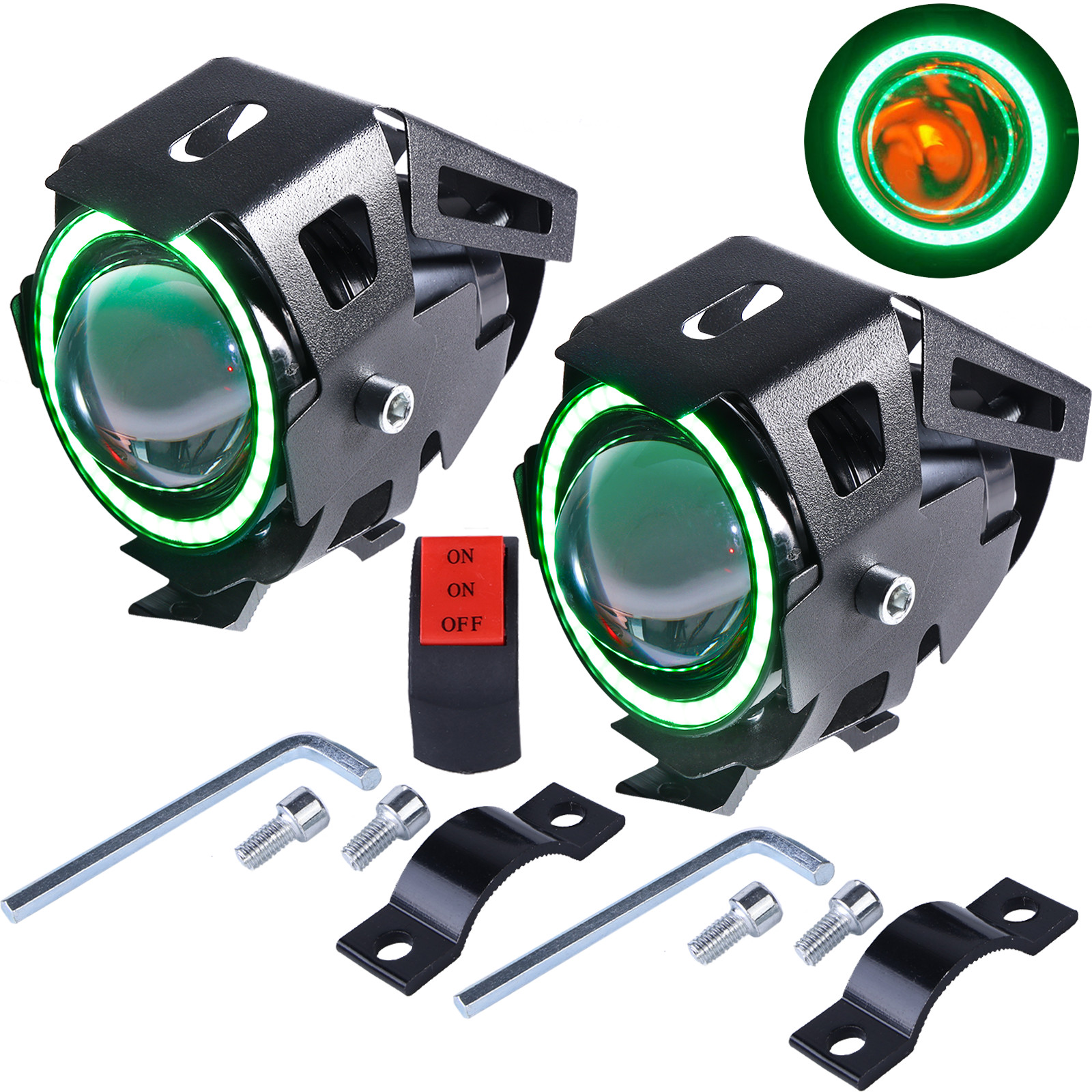 Motorcycle Headlights Universal Waterproof Fog Lights with 12V LED Light Bulbs Angel Eyes Rings Swit