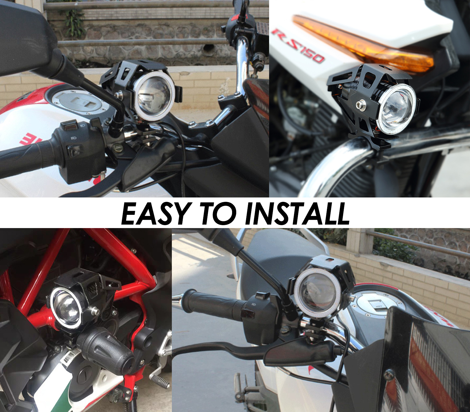 Motorcycle Headlights Universal Waterproof Fog Lights with 12V LED Light Bulbs Angel Eyes Rings Swit