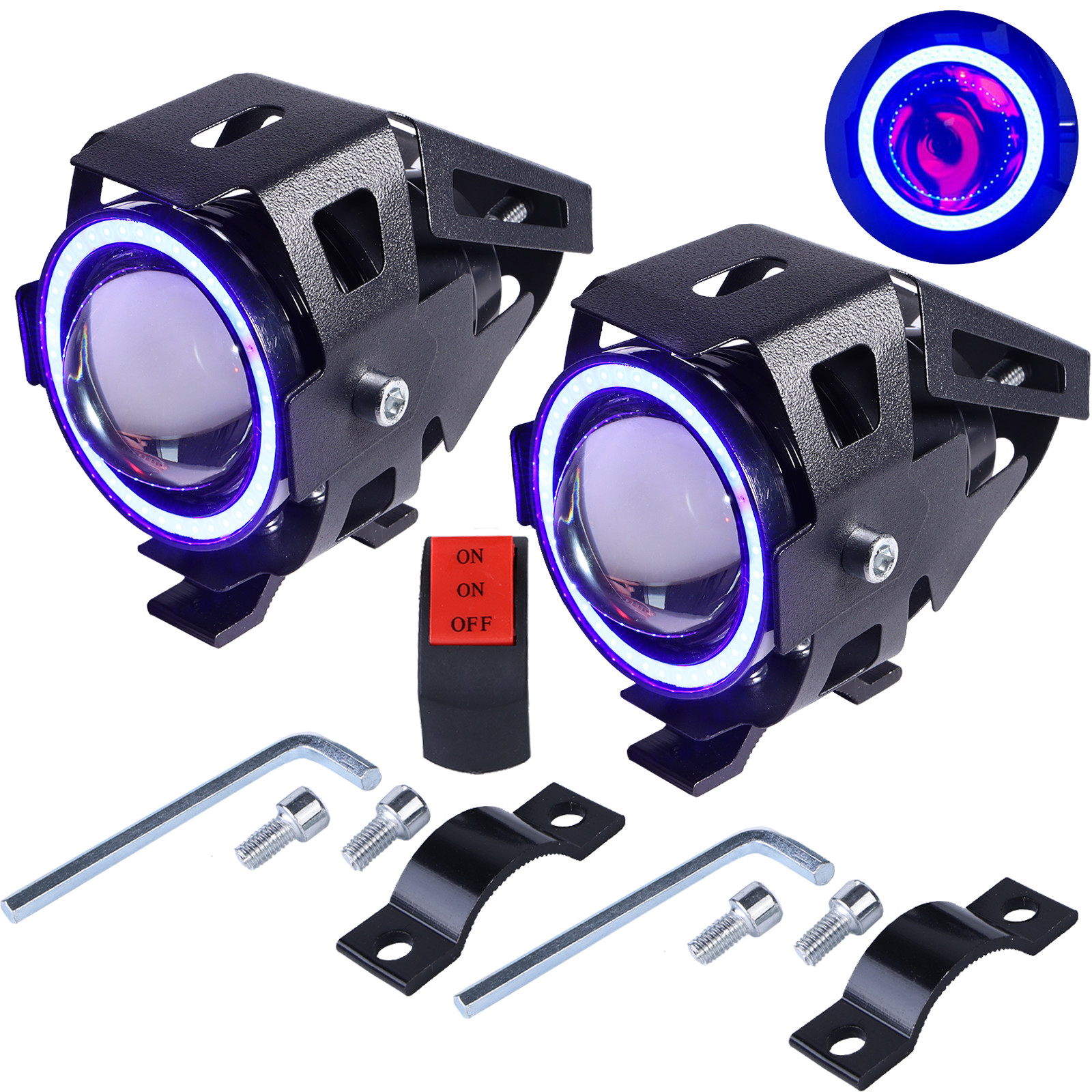 Motorcycle Headlights Universal Waterproof Fog Lights with 12V LED Light Bulbs Angel Eyes Rings Swit