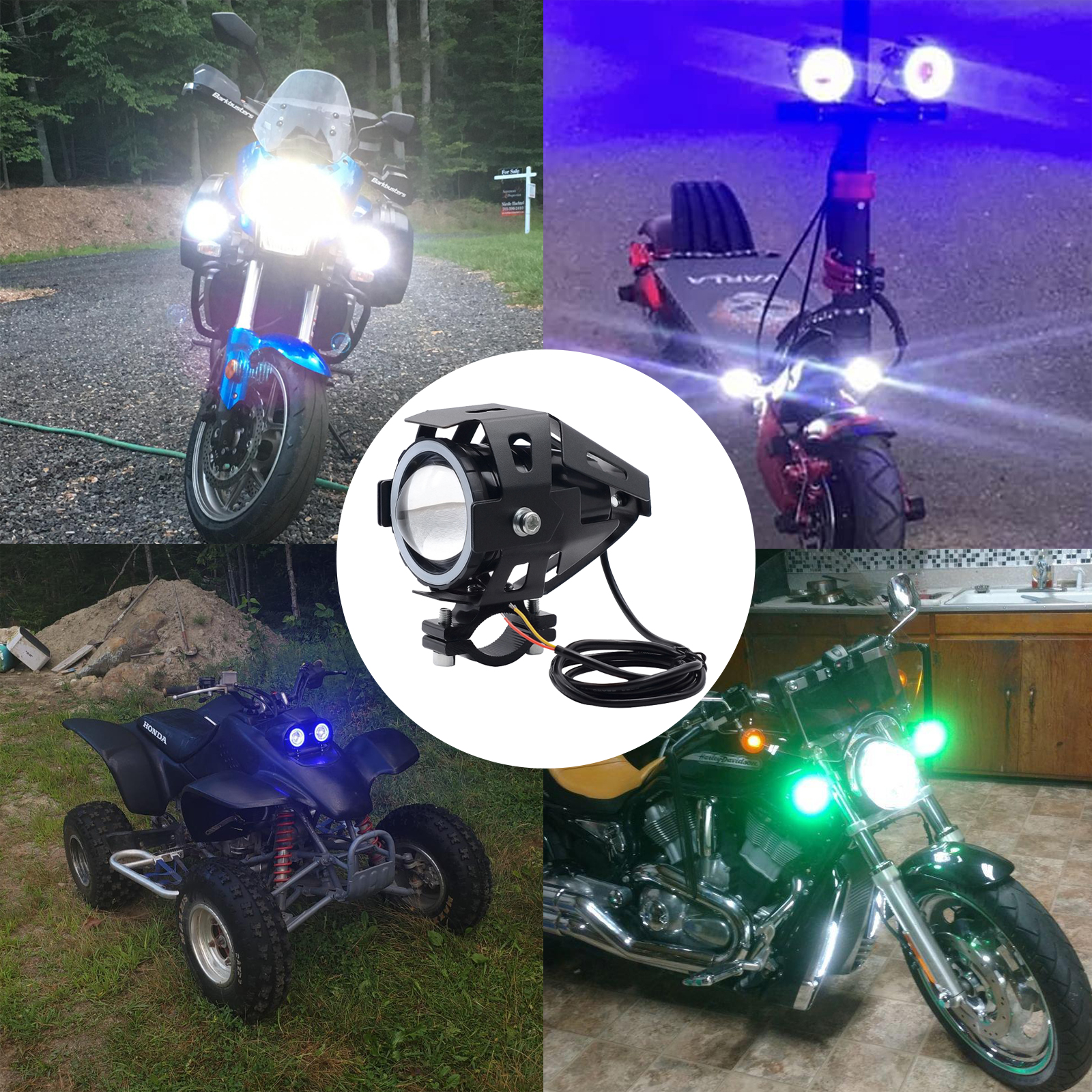 Motorcycle Headlights Universal Waterproof Fog Lights with 12V LED Light Bulbs Angel Eyes Rings Swit