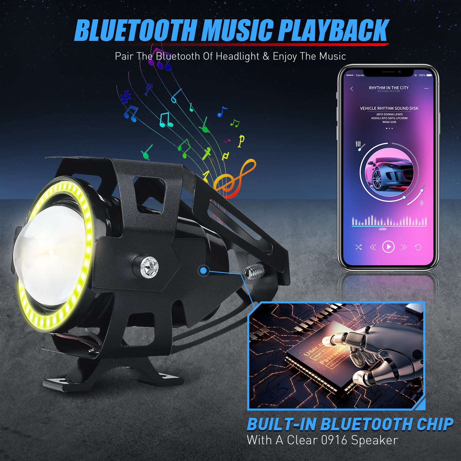 U7 Motorcycle Headlights Bluetooth Play Music 12-60V Motorcycle Driving Lights 20W 3000LM LED Fog Li