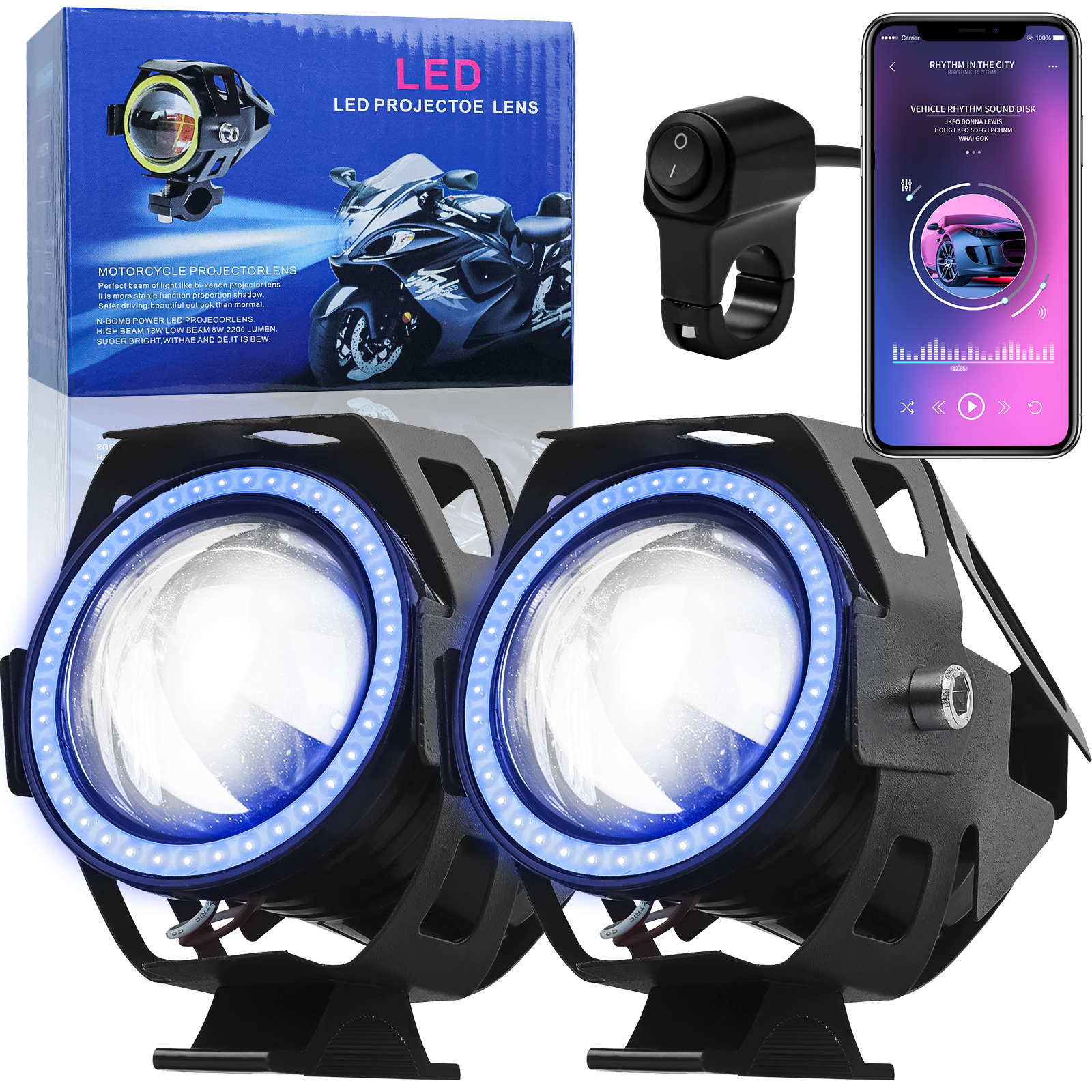 U7 Motorcycle Headlights Bluetooth Play Music 12-60V Motorcycle Driving Lights 20W 3000LM LED Fog Li