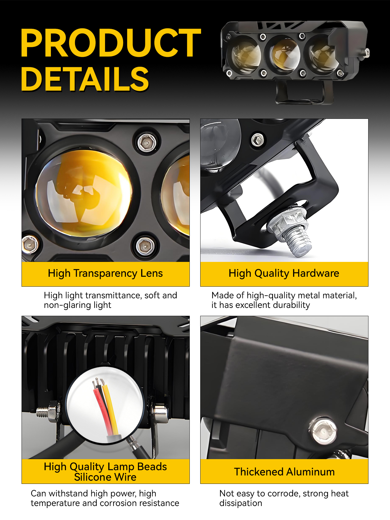 Pakrys 3 Eye Motorcycle LED Spotlights - White/Yellow Dual Color Near Yellow Fog Light for Motorcycl