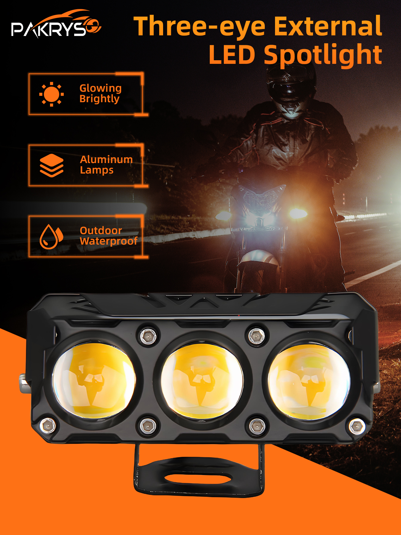 Pakrys 3 Eye Motorcycle LED Spotlights - White/Yellow Dual Color Near Yellow Fog Light for Motorcycl