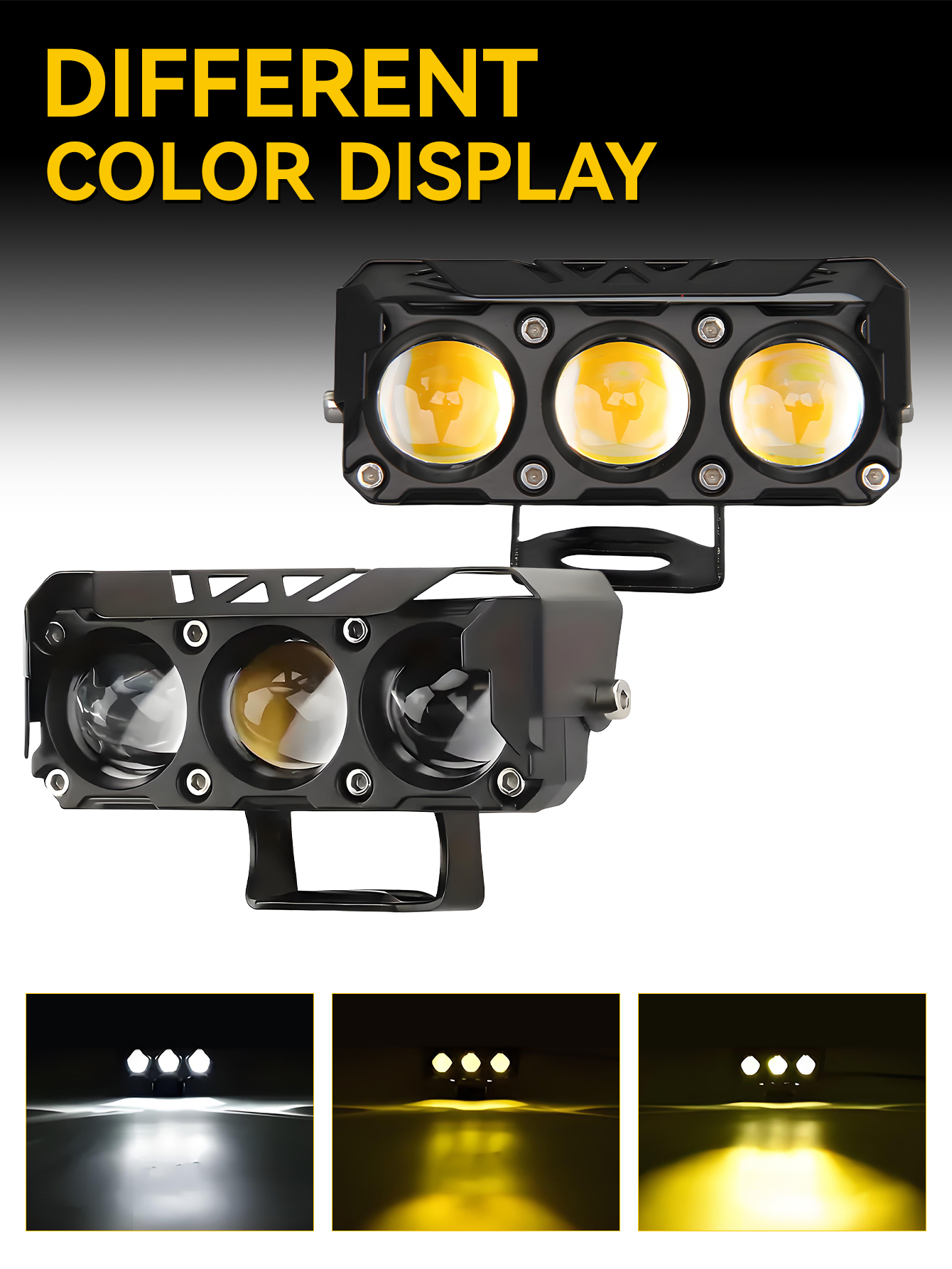 Pakrys 3 Eye Motorcycle LED Spotlights - White/Yellow Dual Color Near Yellow Fog Light for Motorcycl
