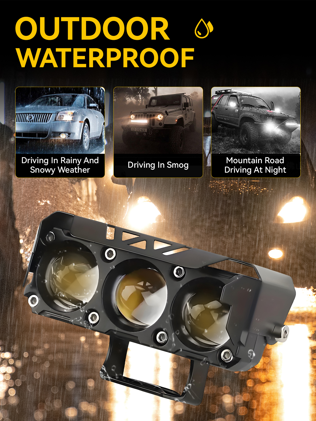 Pakrys 3 Eye Motorcycle LED Spotlights - White/Yellow Dual Color Near Yellow Fog Light for Motorcycl